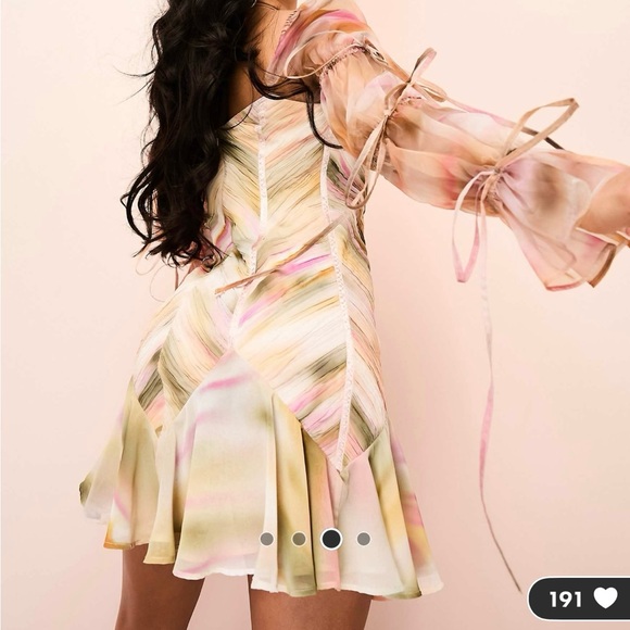 🌸 ASOS LUXE ruched  dress with organza blouson sleeves tie detail swirl print - Picture 3 of 4